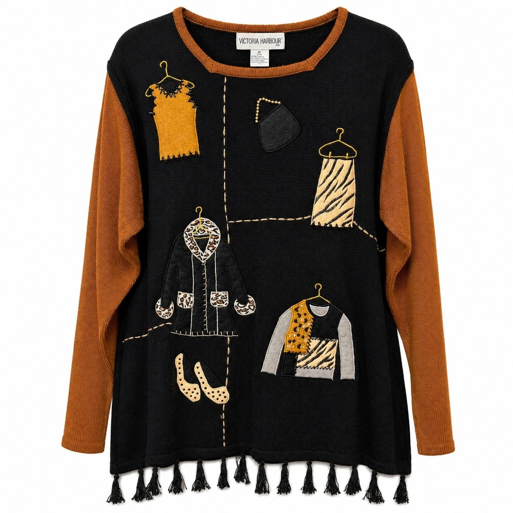 Victoria Harbour Grandmacore Novelty Sweater Women XL Tassel Hem Vintage Boho